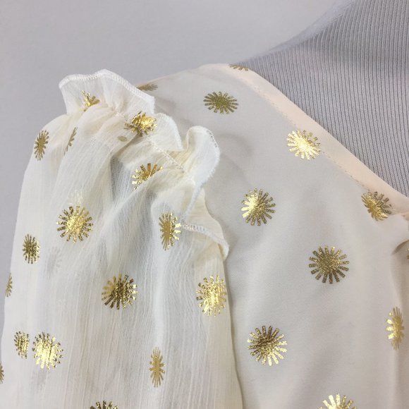 NWT LC LAUREN CONRAD Beige Gold Print Tie Back Collar Short Sleeve Shirt - Picture 7 of 11